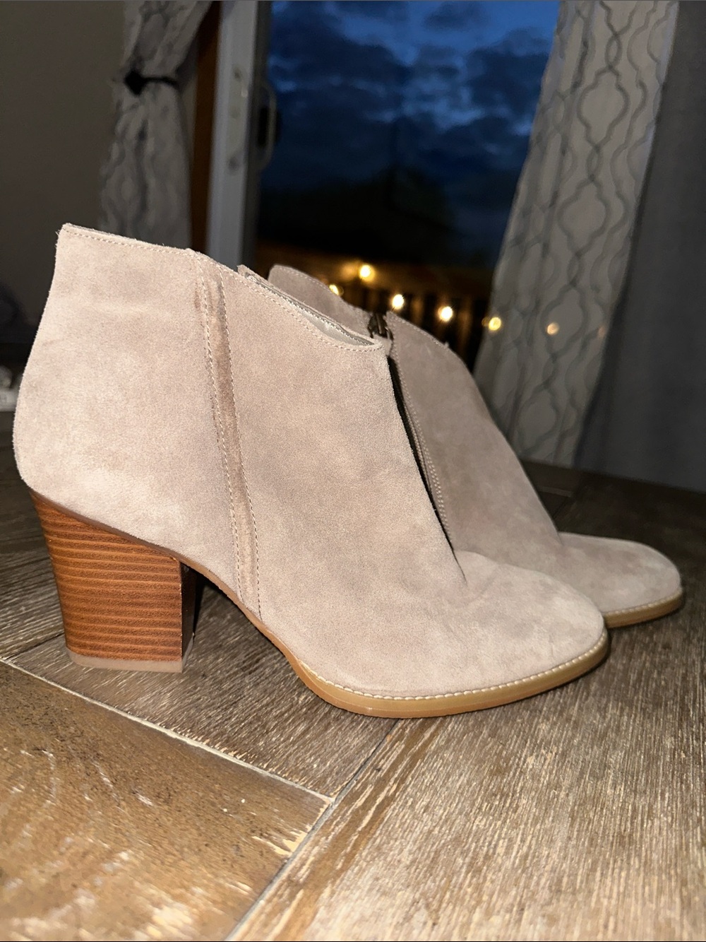 Susina Taupe Suede Ankle Booties with Stacked Heel